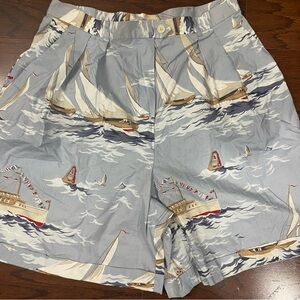 LRL Ralph Lauren Shorts Women 12 Cotton Pleated High Rise Sailboats Nautical